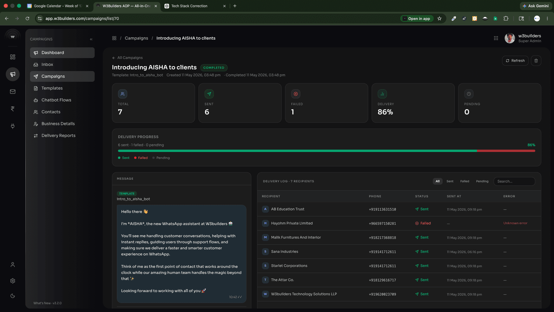 WhatsApp via Fast2SMS — W3builders AOP
