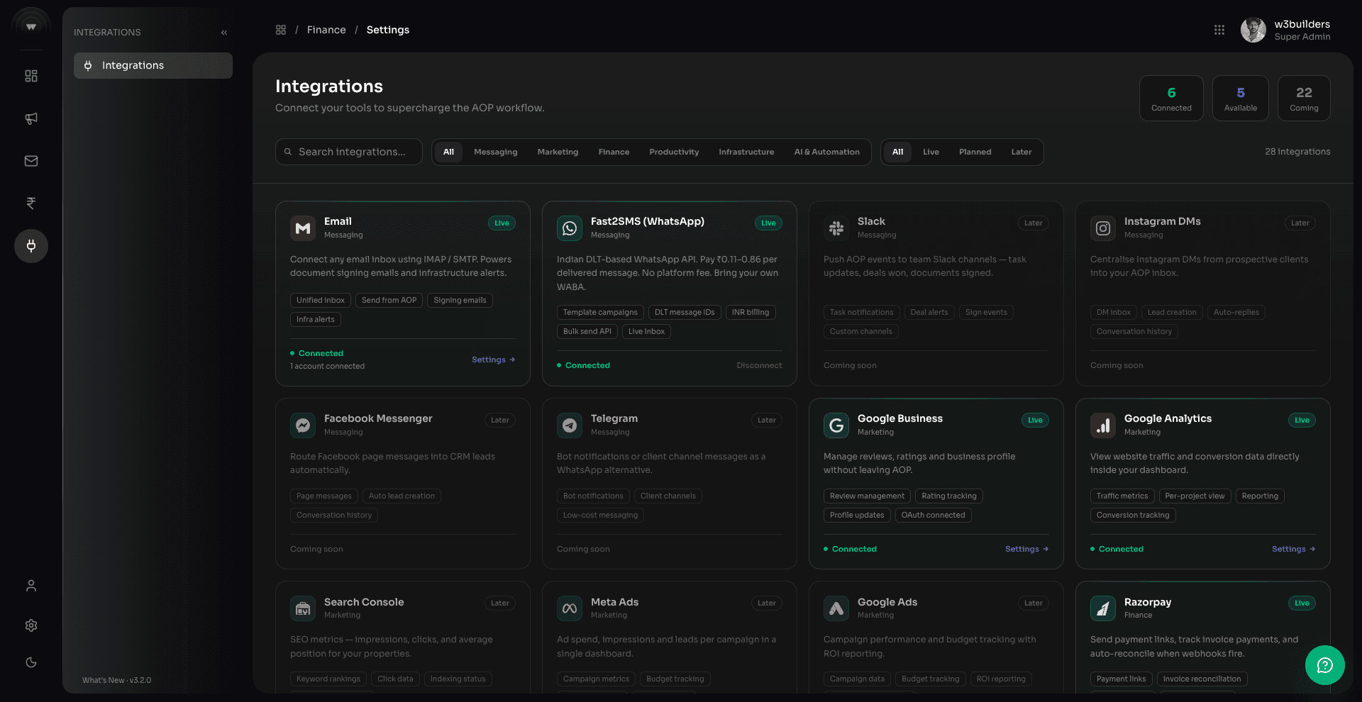 29 Integrations — W3builders AOP